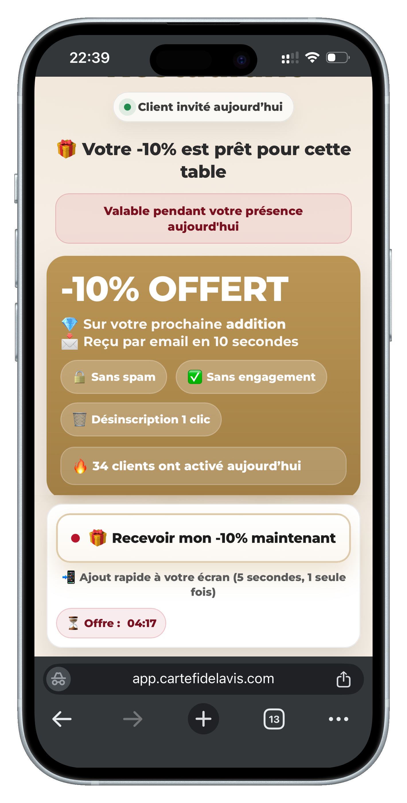 Étape 1 fidélisation NFC — Offre de bienvenue -10% sur téléphone client