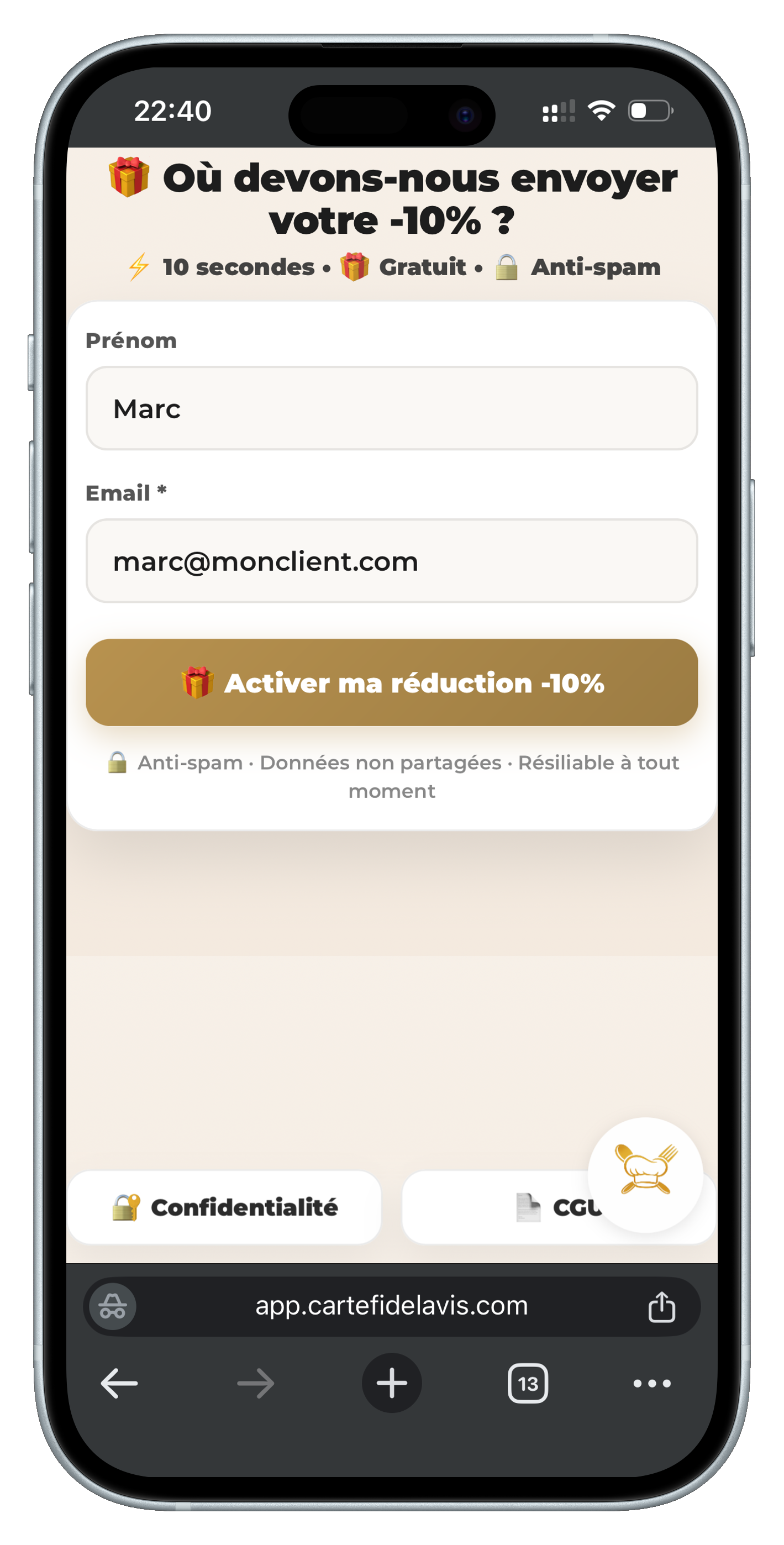 Étape 2 — Inscription client email et prénom en 10 secondes