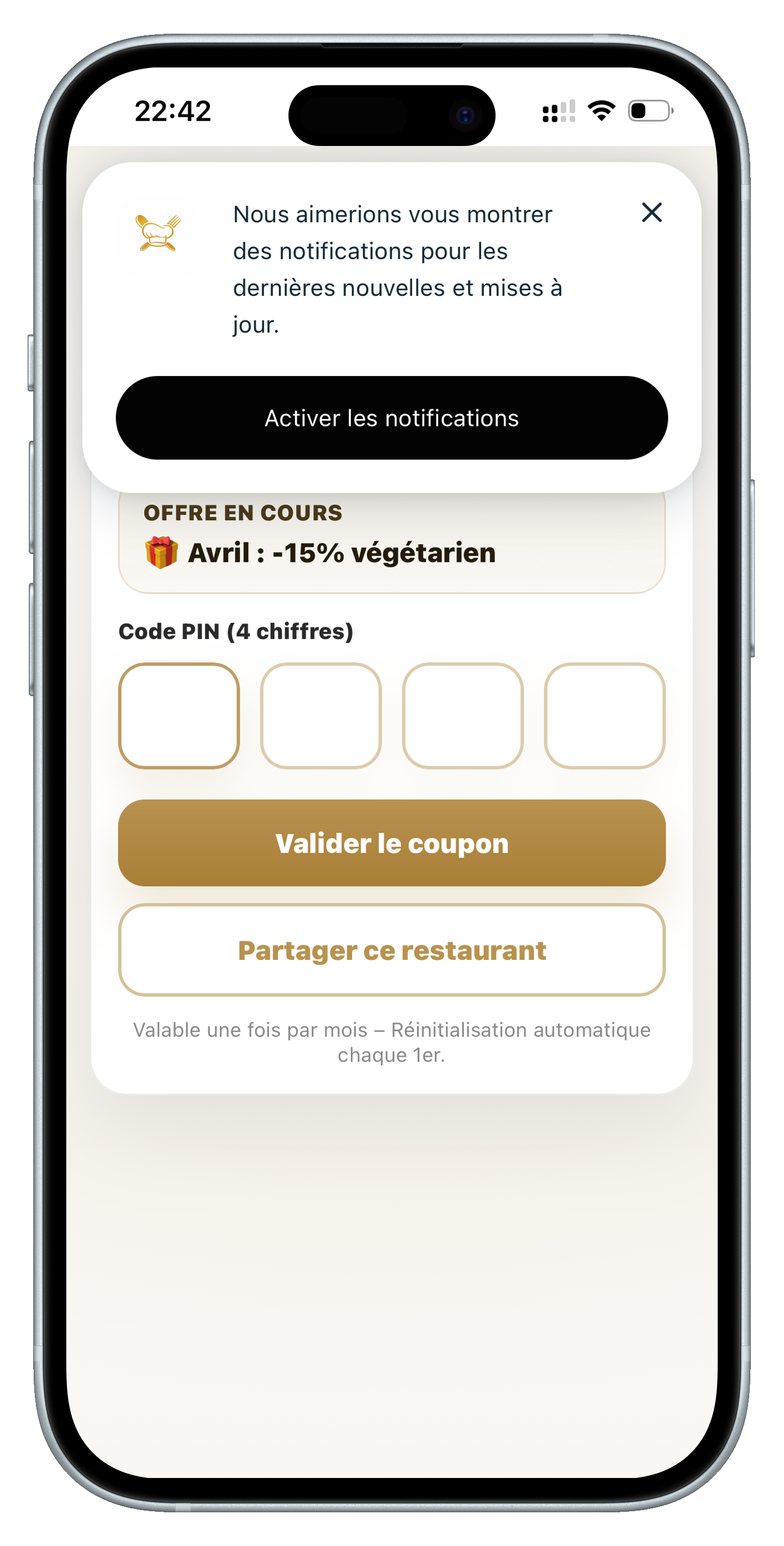 Étape 5 — Coupon de fidélité du mois avec code PIN en caisse