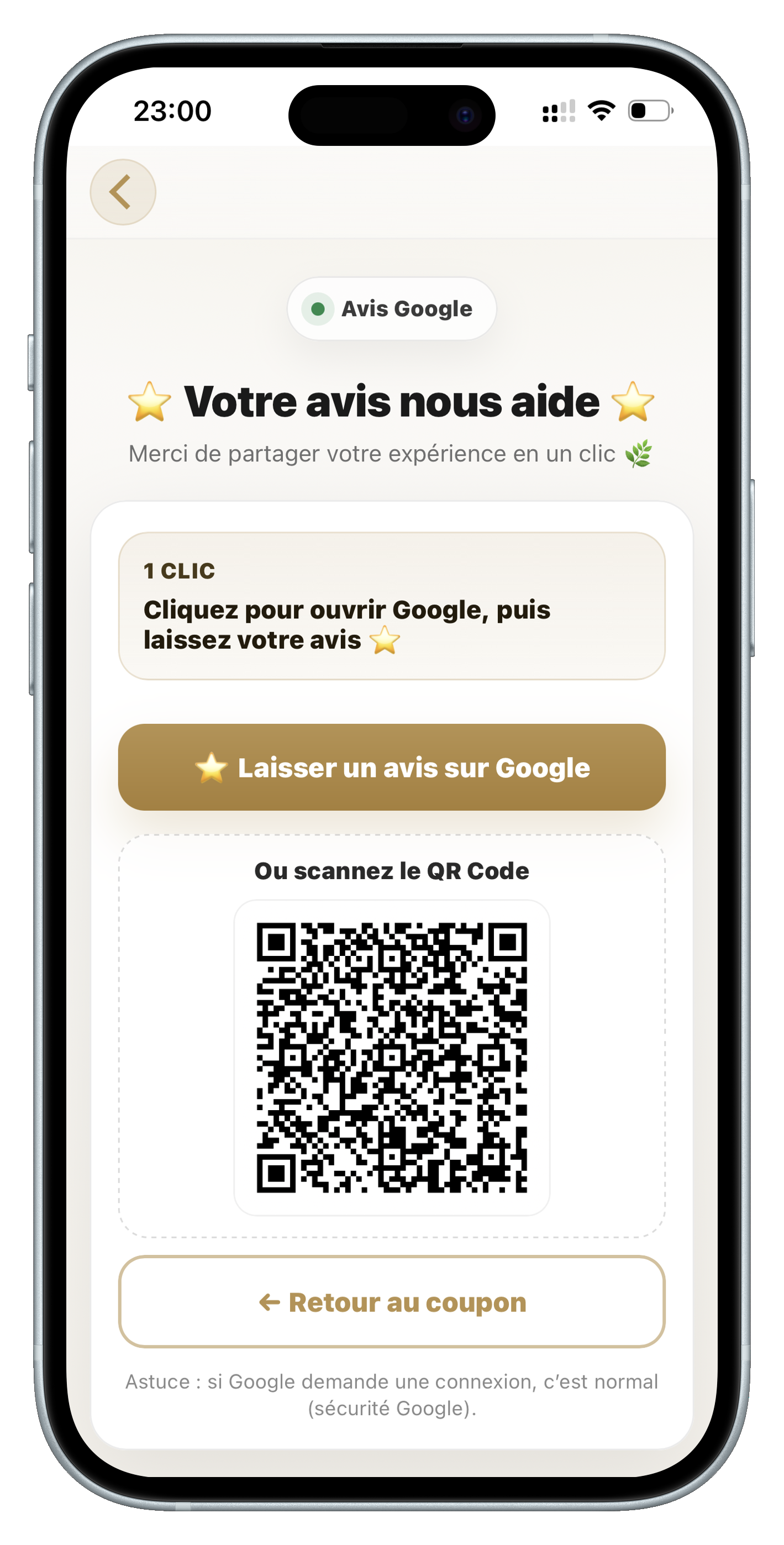 Étape 8 — Client redirigé vers avis Google en 1 clic